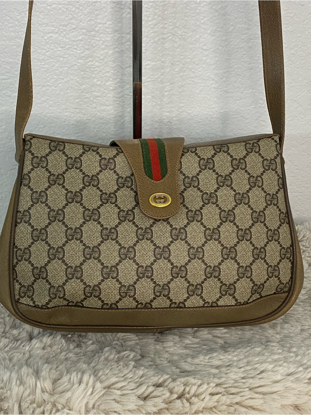 Gucci Beige Brown GG Canvas Shoulder Bag with Green-Red Web
